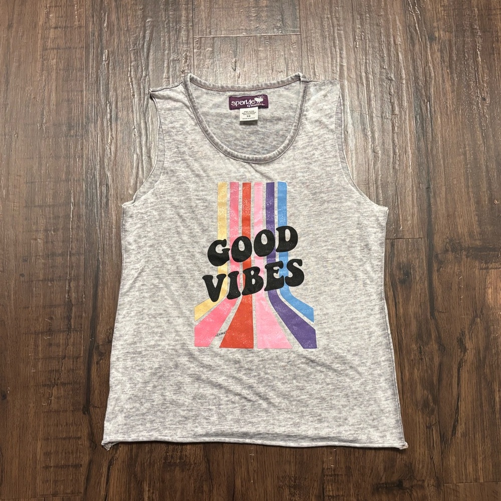 Sparkle by Stoopher Gray 'Good Vibes' Kids Tank Top size 10